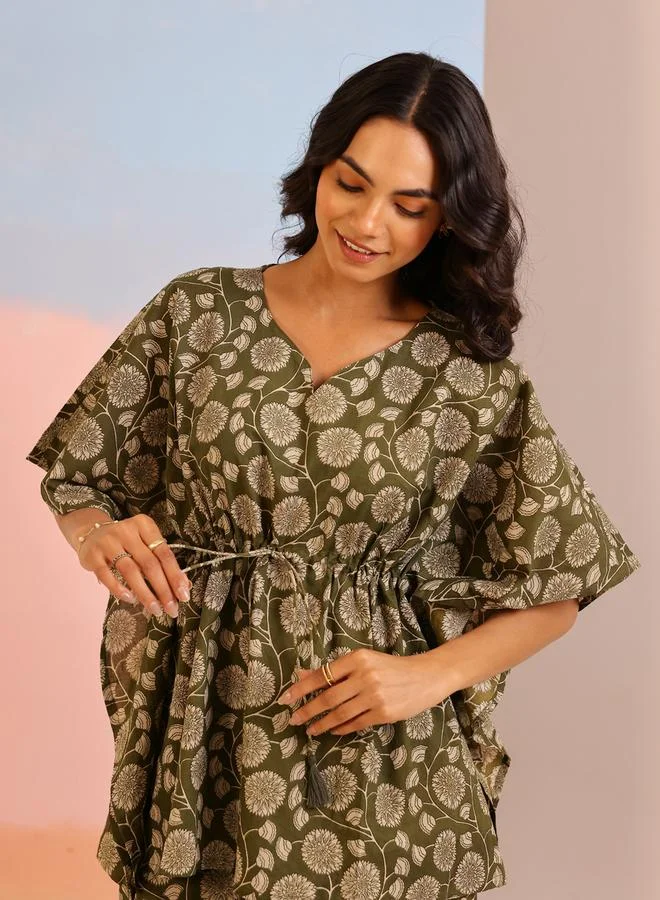 Sanskrutihomes  Women Pure Cotton Floral Printed Kimono Top and Pyjama Set for Women | Best Price UAE